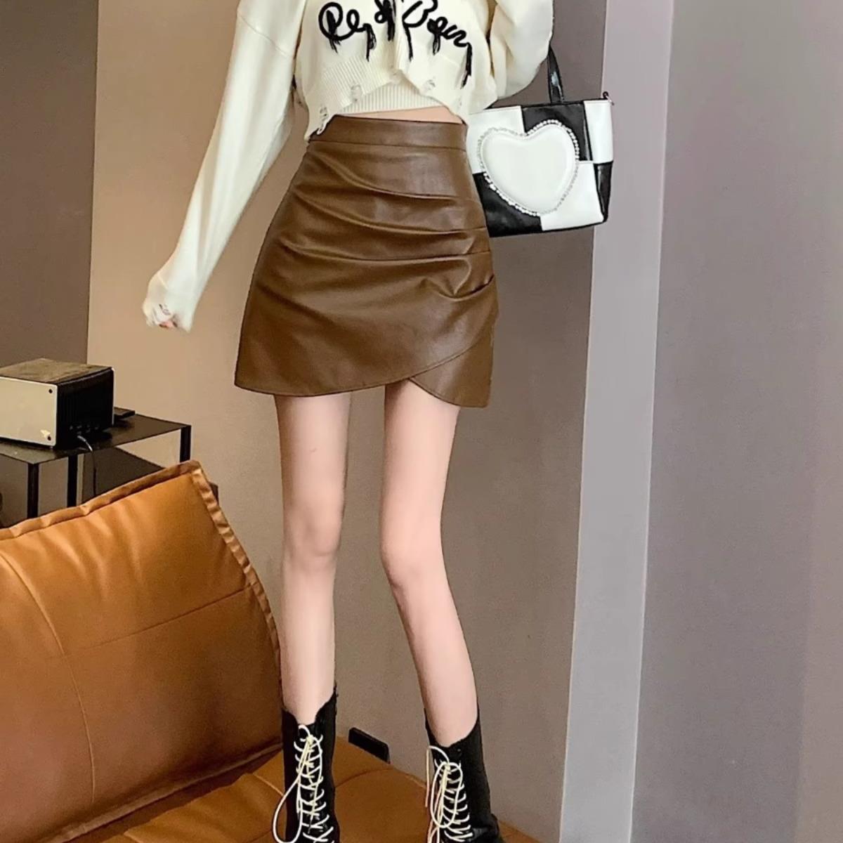 Black PU Leather Short Skirt Women's Autumn and Winter New Korean Style chubby girl High Waist Pleated Skirt Anti-running Light Hip A- line Skirt