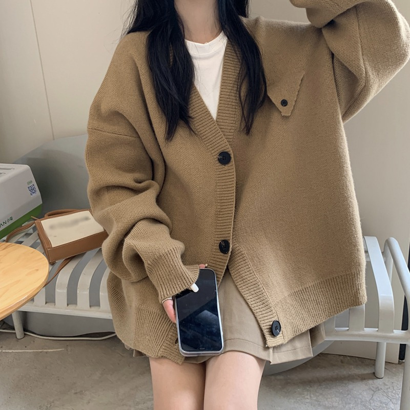 Picture of Lazy Style Sweater Jacket Spring & Fall 2022 New Design Pure Color Loose V Neck Single-Breasted Knitted Cardigan for Women