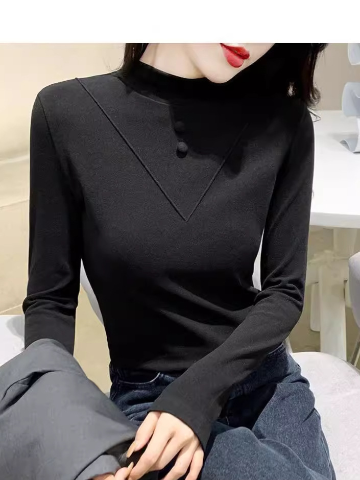 Picture of 1*1 Threaded Double-sided Velvet New Half-high Collar Women's Long-sleeved Top Autumn and Winter Slim-fit Inner Brushed Warm Shirt