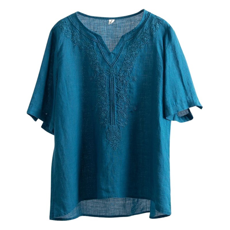 Picture of Pure Cotton V-Neck Summer New Cotton and Linen Shirt Women's Literary Loose Pullover Embroidered Short-Sleeved T-Shirt Women's Embroidered Top Trendy