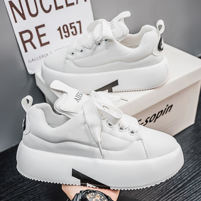 2025 Early Spring Casual Shoes Round-toe Lace-up Home Out Thick-soled Dad Shoes Personalized Solid Color White Shoes Board Shoes for Men