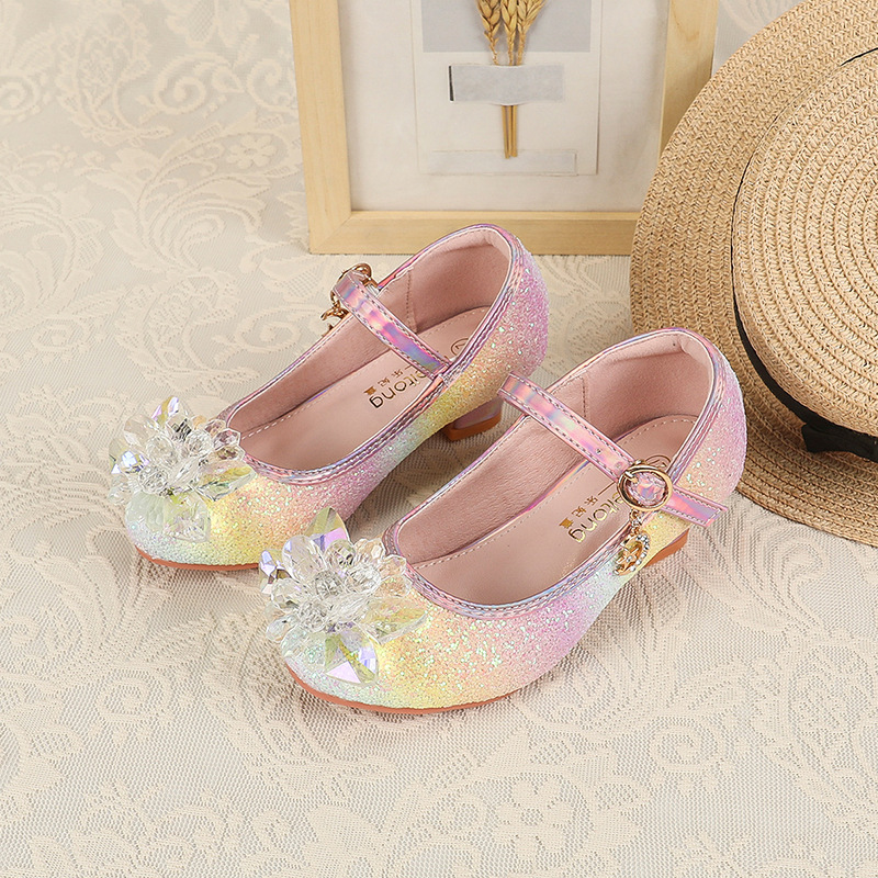 Girls High Heels Spring and Autumn New Little Girl Crystal Leather Shoes Children's Princess Shoes Large Children's Walking Show Soft Sole Children's Shoes