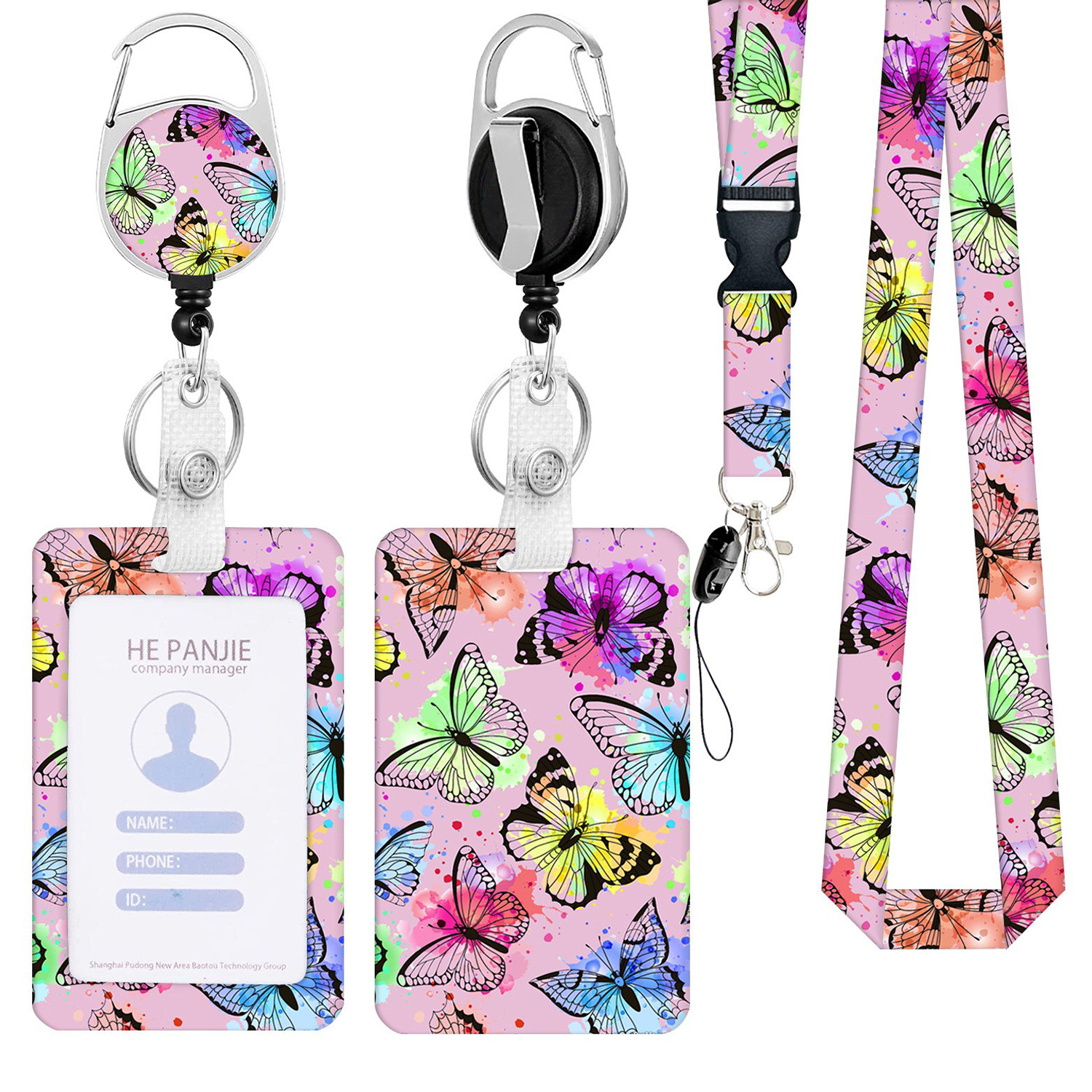 Round Zinc Alloy Butterfly Series Easy Pull-up Buckle Polyester Thermal Transfer Printing Phone Lanyard Printing Certificate Card Set