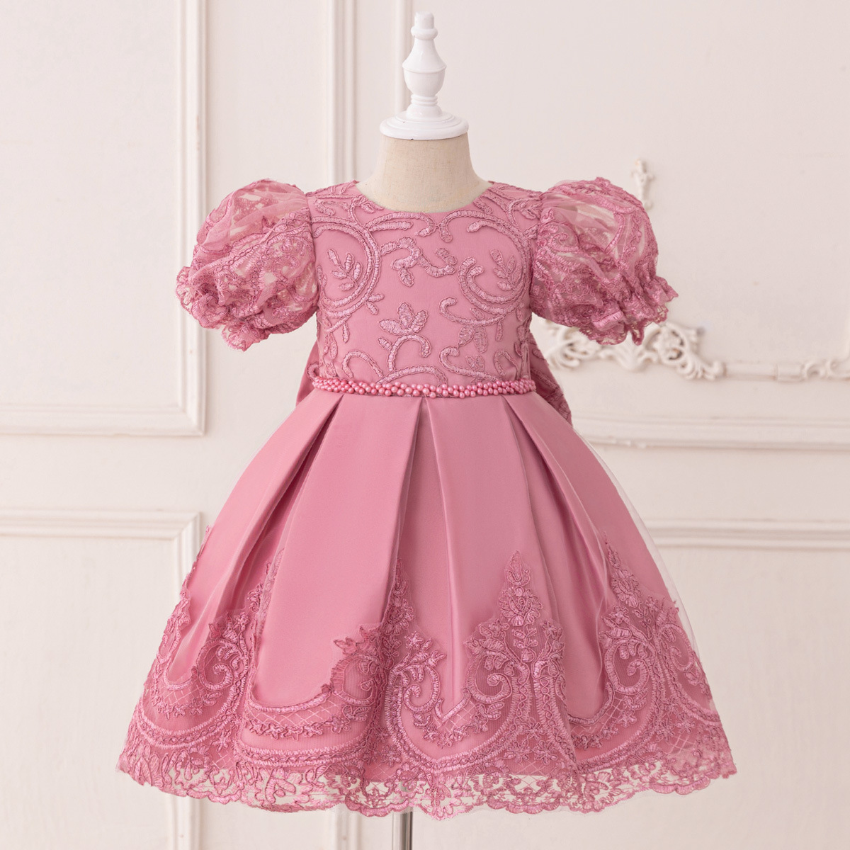 2025 Cross-Border Foreign Order New Style Girls Puff Sleeve Lace Princess Dress Baby Girl Wedding Flower Girl Evening Dress Ready for Sale