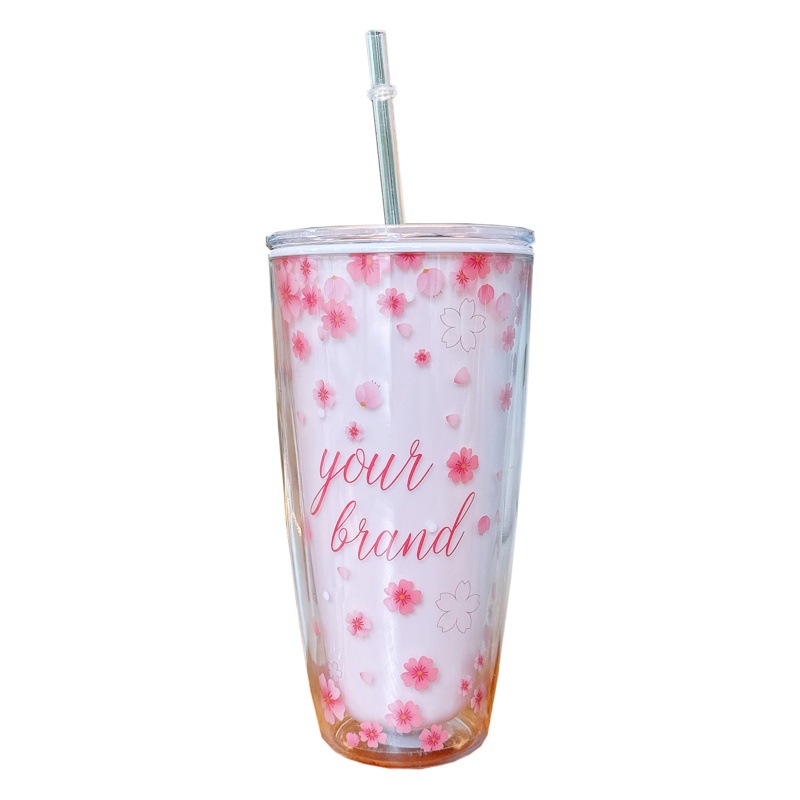 Cherry blossom straw Cup Girls' High-looking double-layer anti-scald plastic cup ins style office household cross-border water Cup wholesale