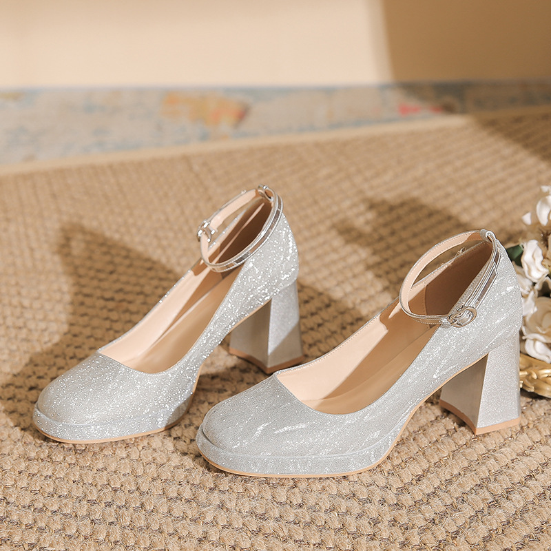 One-Line Buckle Waterproof Platform Fine Glitter Spring New High-Heeled Shoes Mary Jane High-End Square Toe Thick Heel Women's Shoes