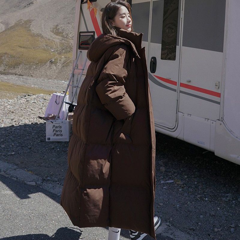 Real Shot New Winter Mid-length Over-the-knee Down Cotton-padded Jacket Women's Korean-style Loose Thickened Hooded Cotton-padded Jacket