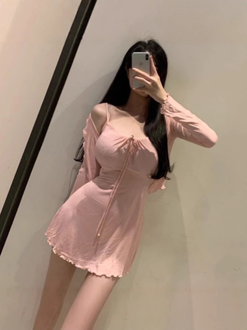 Korean Dongdaemun Gentle and Sexy Little Woman Comfortable Thin Cardigan + Waist-Cinching Figure-Flattering Ruffle Strap Dress