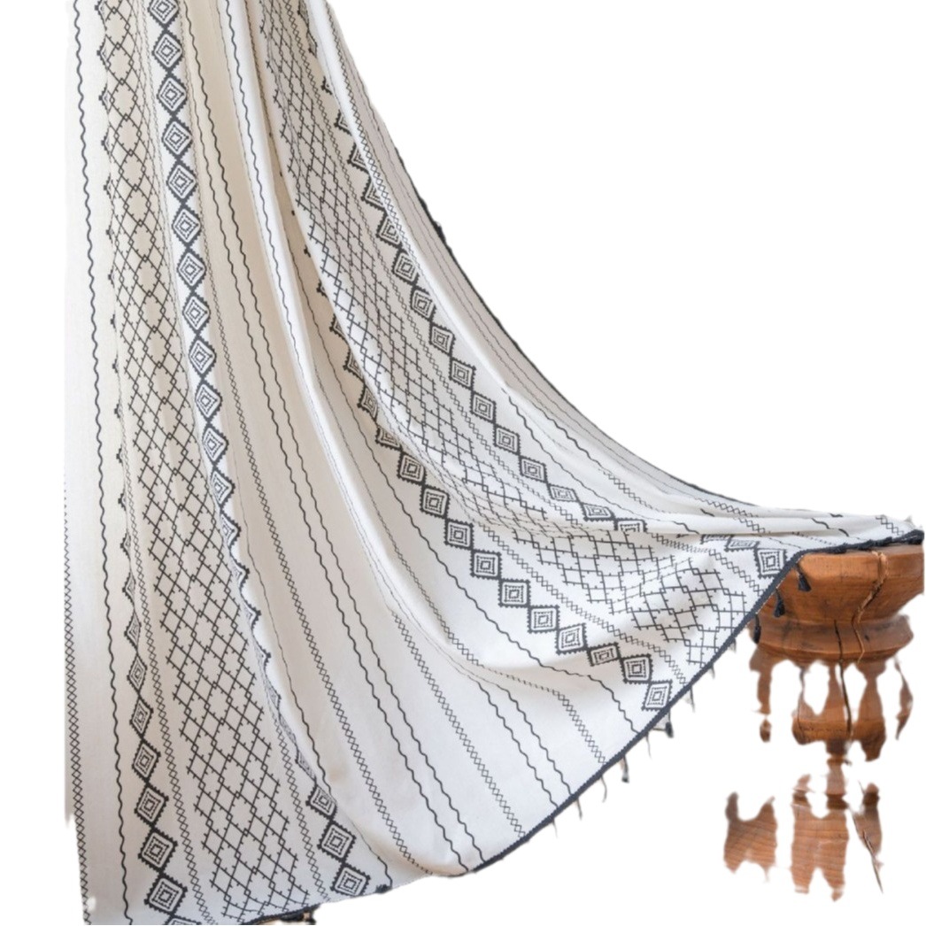 Yiman Qiyun Curtain Finished Cotton and Linen Kitchen Curtain Bohemian Style Black and White Printed Bay Window Curtain