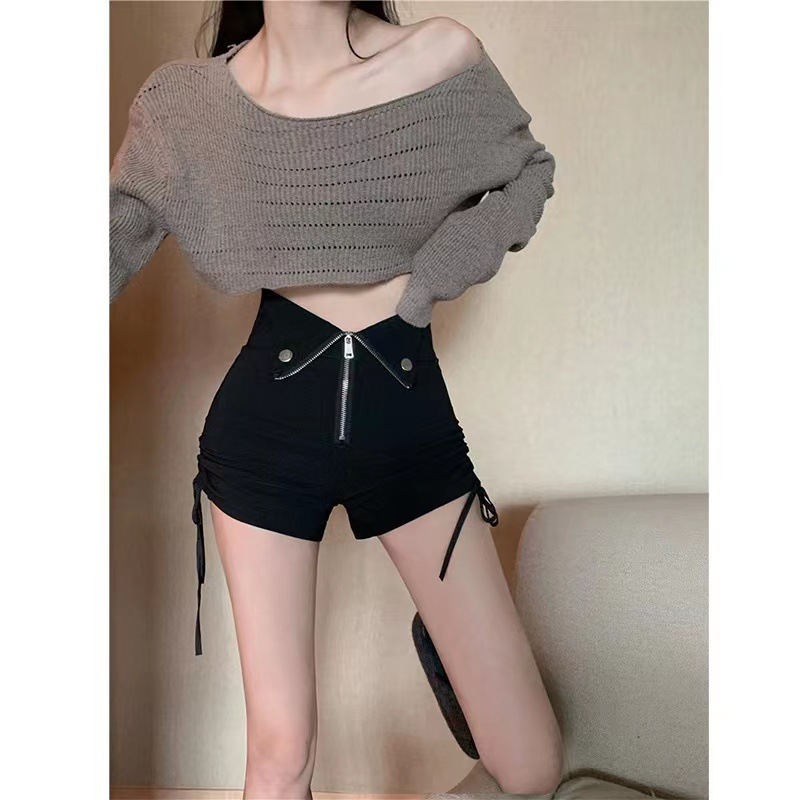 Women's Summer Design Sense Irregular Hong Kong Flavor Black Shorts Women's plus size Tight Hot Pants High Waist Slimming Straight Casual