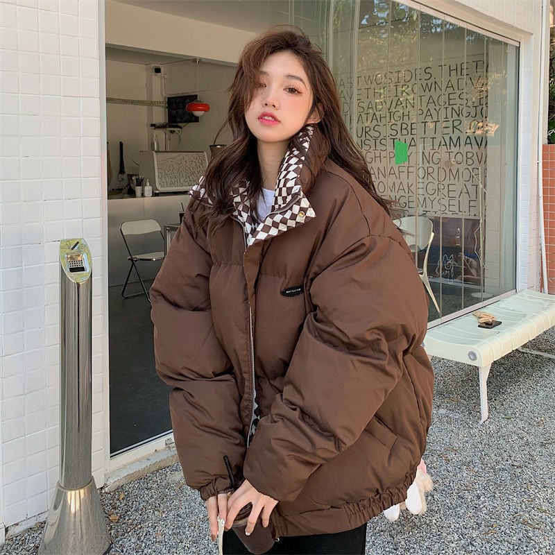 New Checkerboard Down Cotton-padded Jacket Women's Loose BF Style Vertical Collar Short Cotton-padded Coat Thickened Bread Clothes