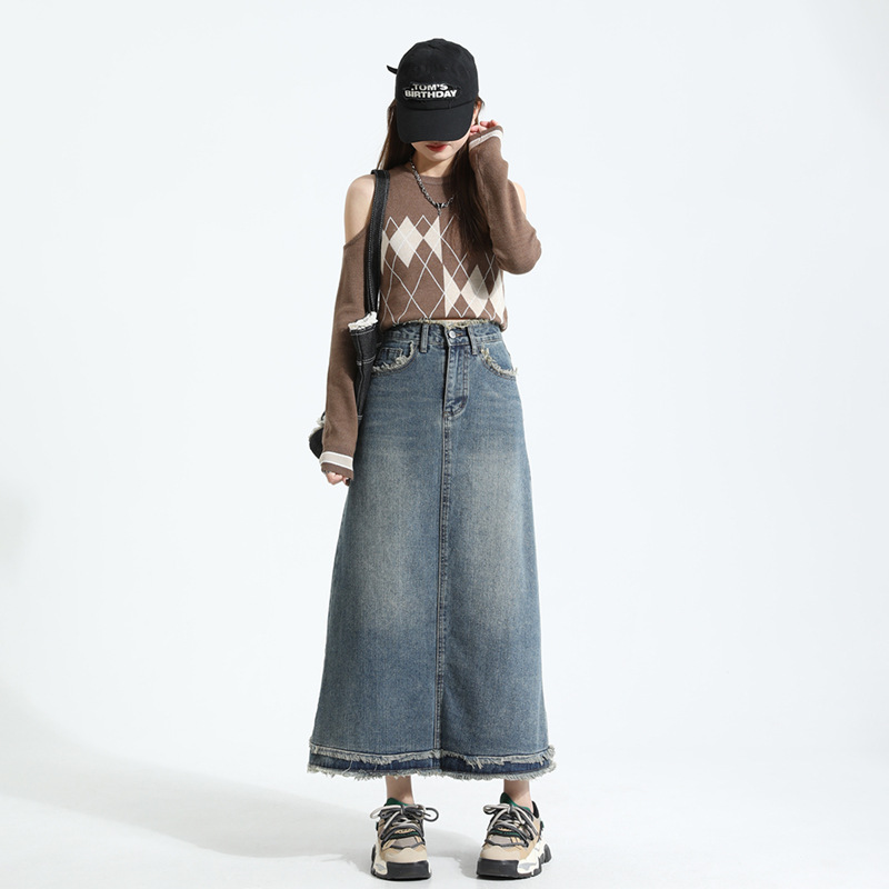 Retro Ruffled High Waist Denim Skirt Women's Mid-Length Spring and Autumn Pear-Shaped Body Wear Tall A- Line Long Skirt