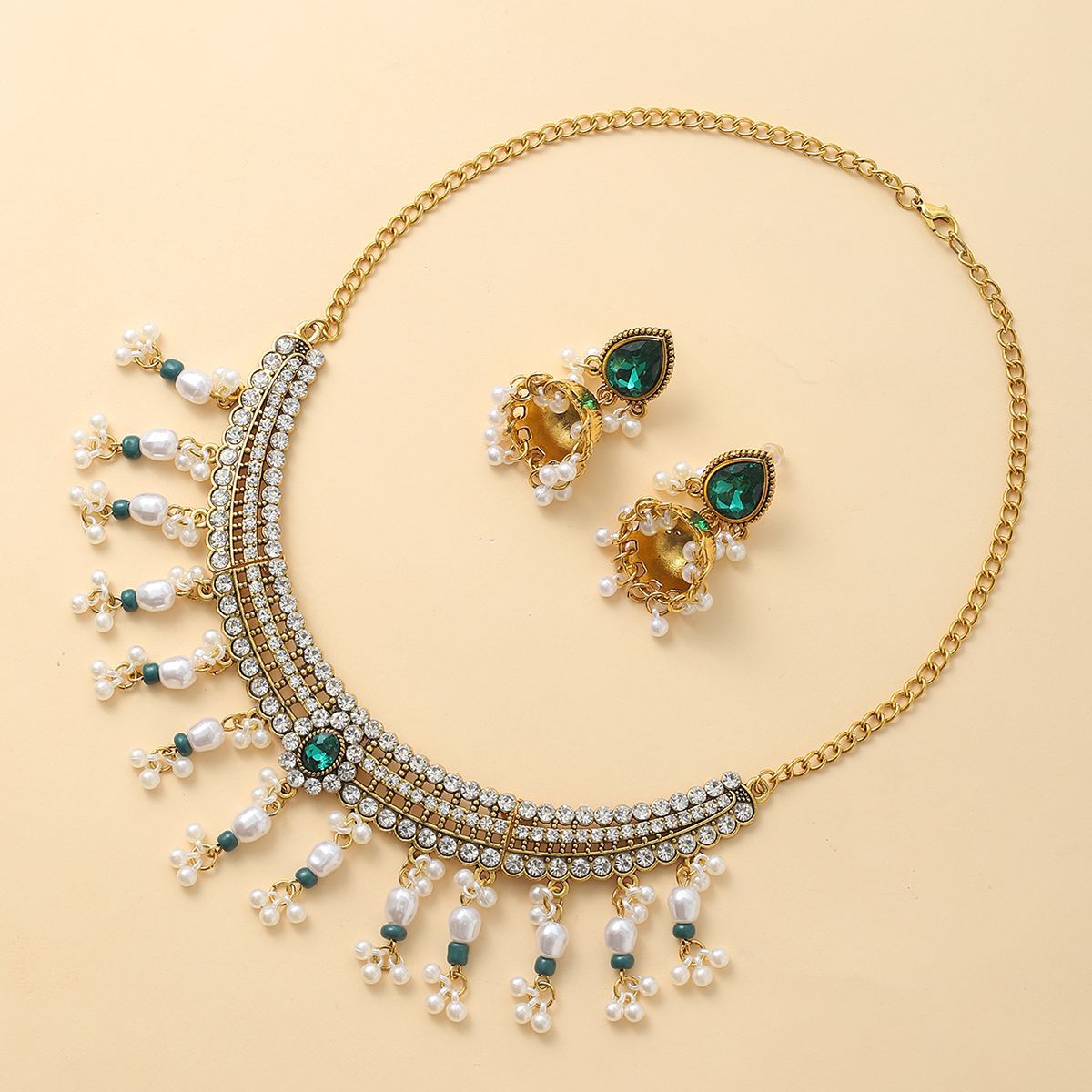 Picture of European and American Cross-border Pearl Tassel Drop Beads Exaggerated Necklace Earrings Women Bohemian Fashion Vintage Jewelry suit Women