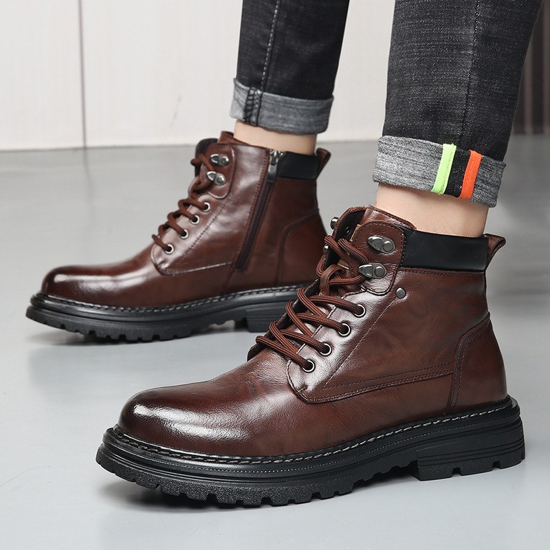 Top Layer Cowhide Autumn and Winter Martin Boots Men's British Workwear Boots fleece-lined Warm Leather Boots Genuine Leather High-Top Men's Shoes