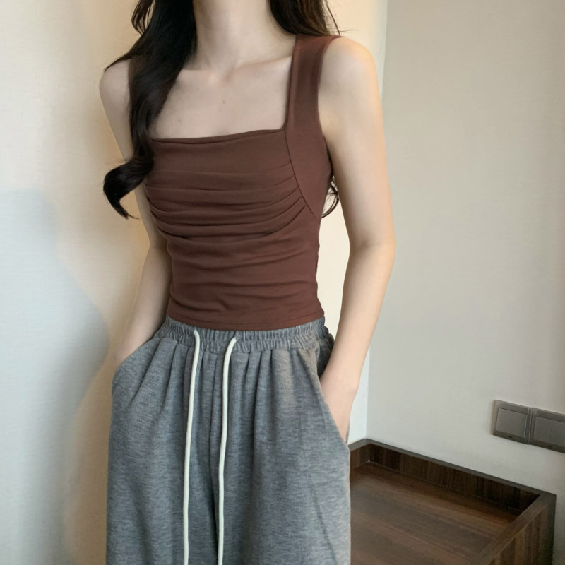 Hot girl pleated pure short outer wear sleeveless square collar top summer inner wear wide shoulder strap meat covering camisole for women