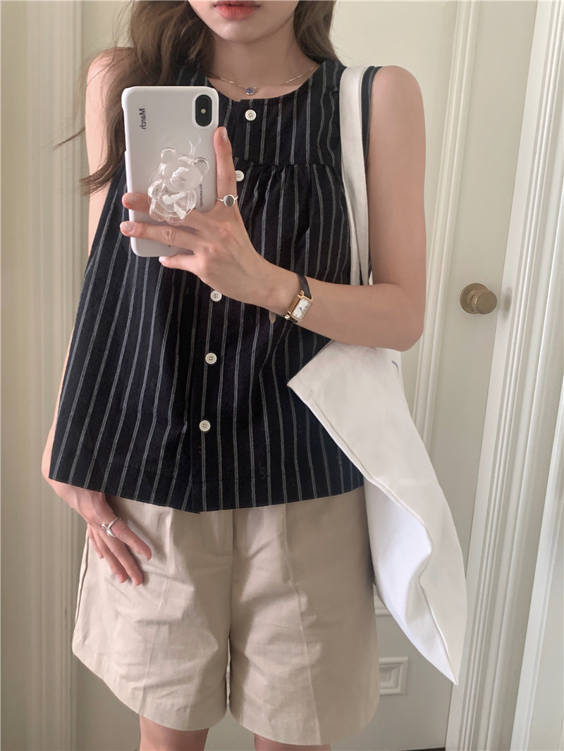 Vest Women's Summer Thirteen Line 2023 New Korean Style Retro Striped Sleeveless Crewneck Waistcoat Base Shirt Top