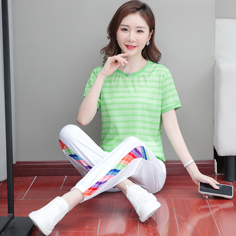 Picture of Ice Line Quick-drying Stretch Vertical Fashion Casual Sports Suit Women's Summer Thin Mesh Breathable Striped T-shirt Trendy
