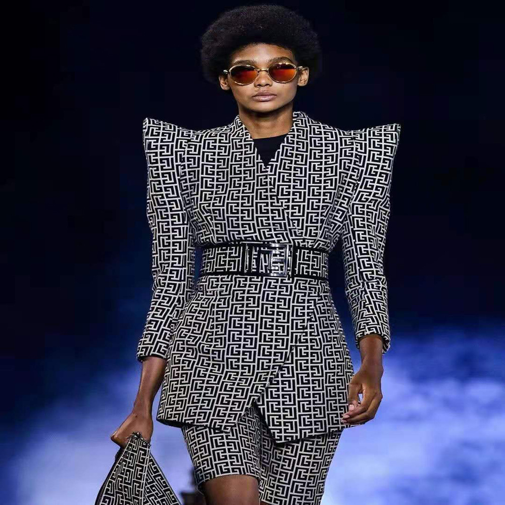 Autumn European and American Model Show Long Sleeve Black Apricot Jacquard V-Neck Waist Bandage Suit Pants Street Trendy Two-Piece Set