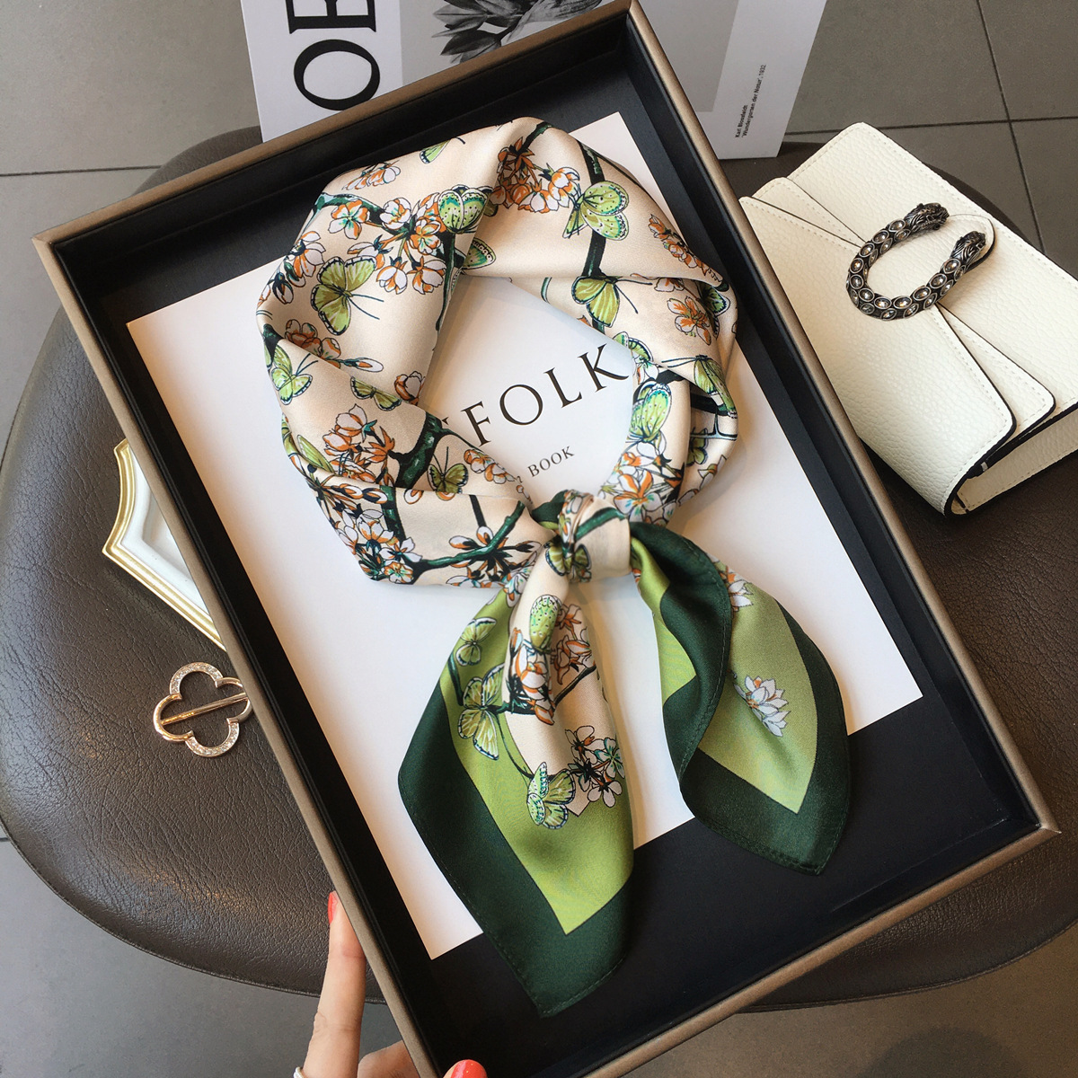 Picture of Spring and Autumn Thin Japanese and Korean Sweet Champagne Color Small Floral Silk Mulberry Silk 70cm Square Scarf Silk Scarf Hair Band Headwear Women