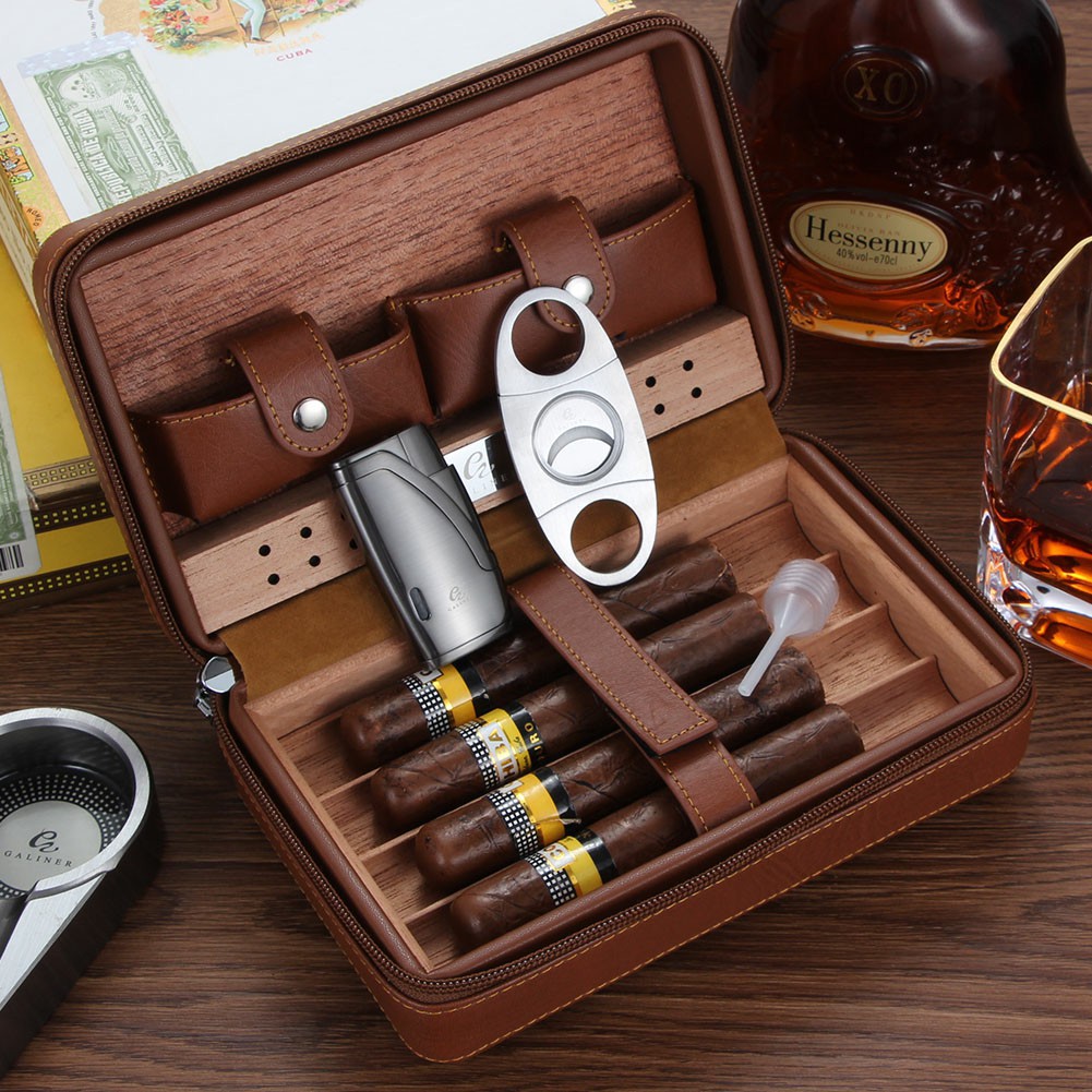 Carry-on Cigar Bag Portable Set Cigar Moisturizing Box Three-piece Set Cedar Wood Cigar Box Leather Case Storage Snow