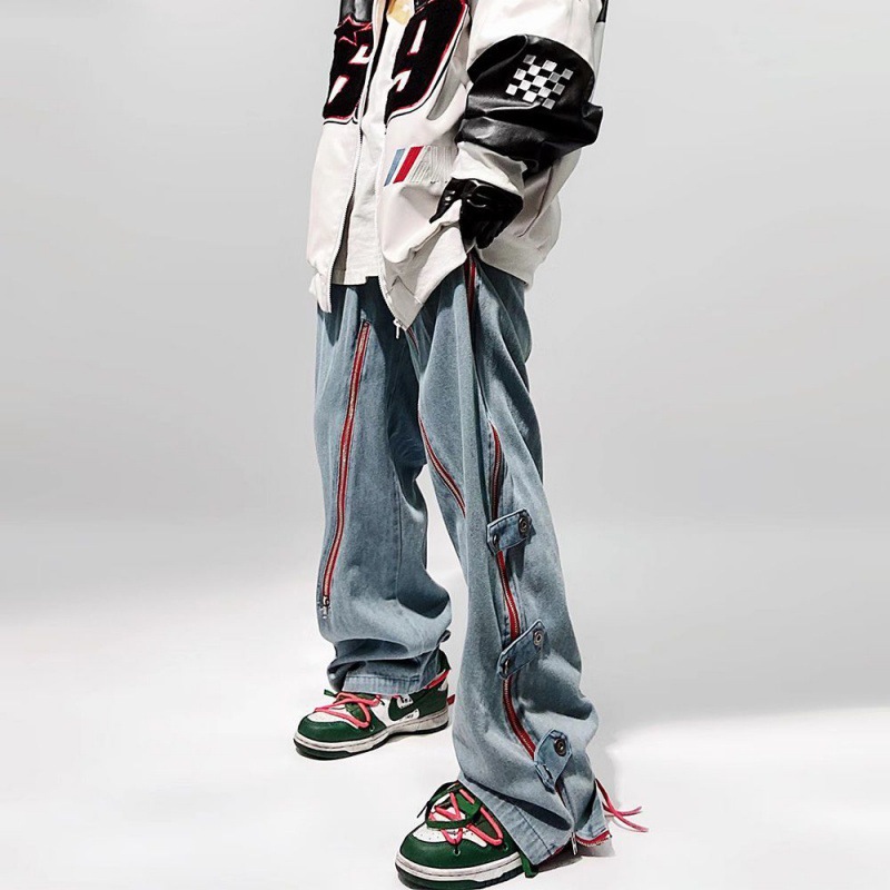 2023 Korean Style Hip-Hop Trendy Brand American Retro Jeans Straight Loose Large Size Zipper Slit Pants for Men and Women Trendy