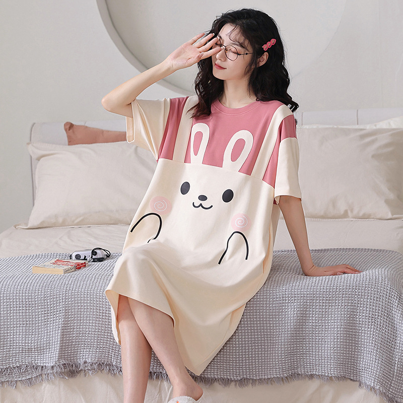 New Summer Women's Pajamas Cute Short-sleeved Nightgown Cartoon Large Size Summer Thin Long Dress Home Wear