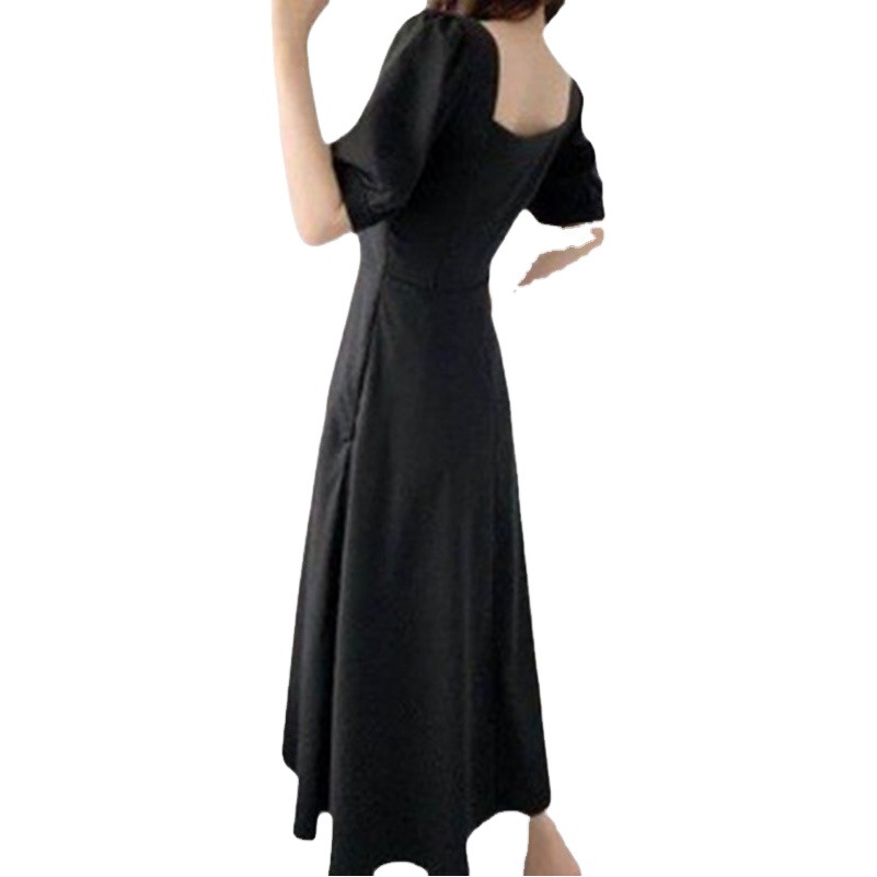 Puff Sleeve Square Collar White Hepburn Light Mature Style Dress Women's White Skirt Tight Waist Slimming Elegant Knee-length Dress for Summer