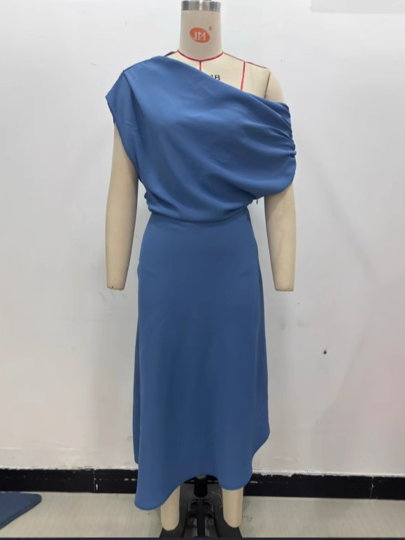 European and American Cross-Border Women's Clothing 2025 Spring New Fashion Irregular Slanted Shoulder Waist Simple Long Skirt Elegant Wear