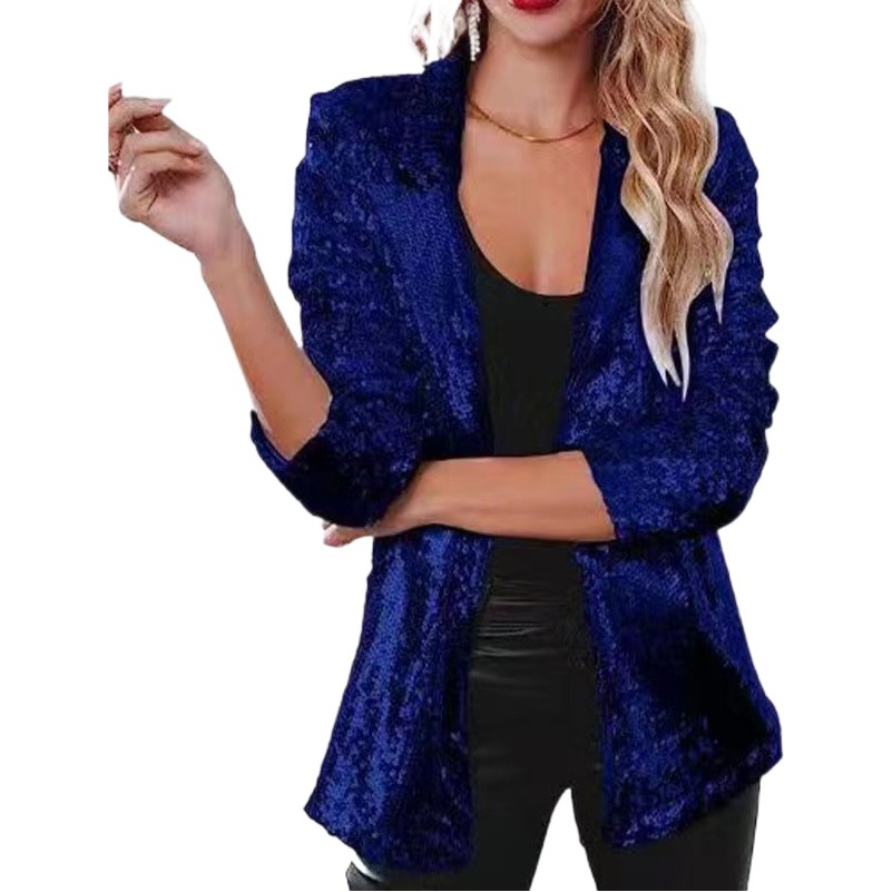 Picture of European and American Amazon Cross-border New Commuter Style Solid Color Cardigan Suit Collar Long Sleeve Casual Sequin Suit Jacket Women