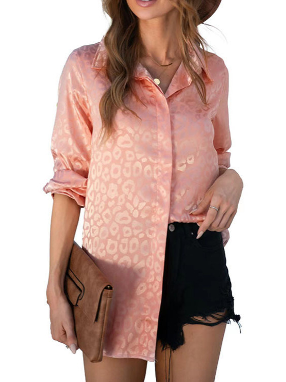 Picture of 2025 Europe and the United States Amazon cross-border new satin temperament commuter loose long sleeve jacquard leopard print shirt women