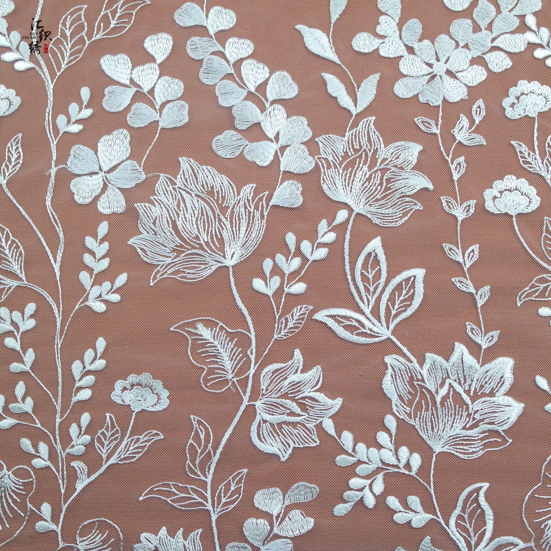 Picture of French wedding dress embroidery fabric polyester light positioning large flower embroidery cloth stage clothing fashion accessories lace fabric