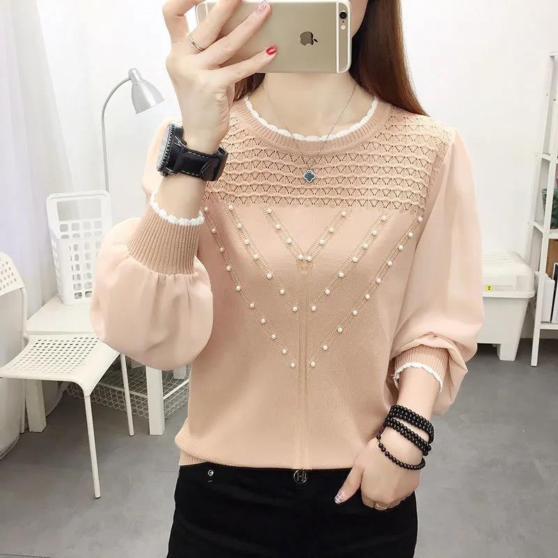 Picture of Chiffon Ice Silk Knitted Bottoming Shirt Spring and Autum New Long-Sleeved Round Neck Elegant Western Style Top Slimming Look Loose Sweater