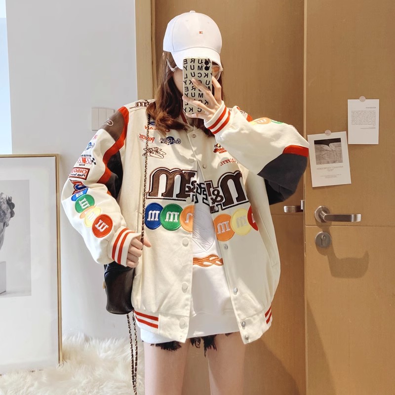 Picture of Spring American High Street Letter mm Bean Embroidered Baseball Jacket Color Matching Couple Loose Racing Suit Jacket