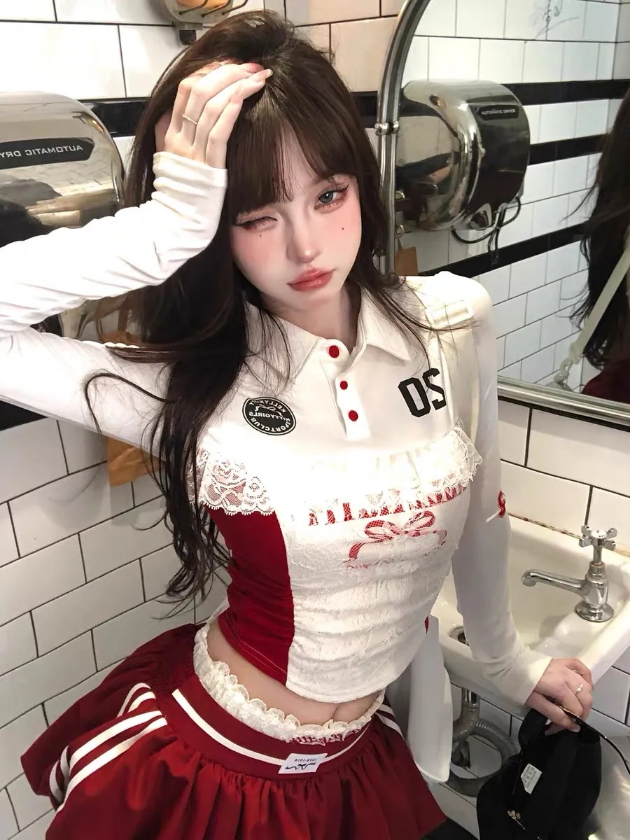Ballet Long Sleeve American Sweet and Spicy Lace T-shirt Early Autumn Tight Slim Polo Top Design suit Bud