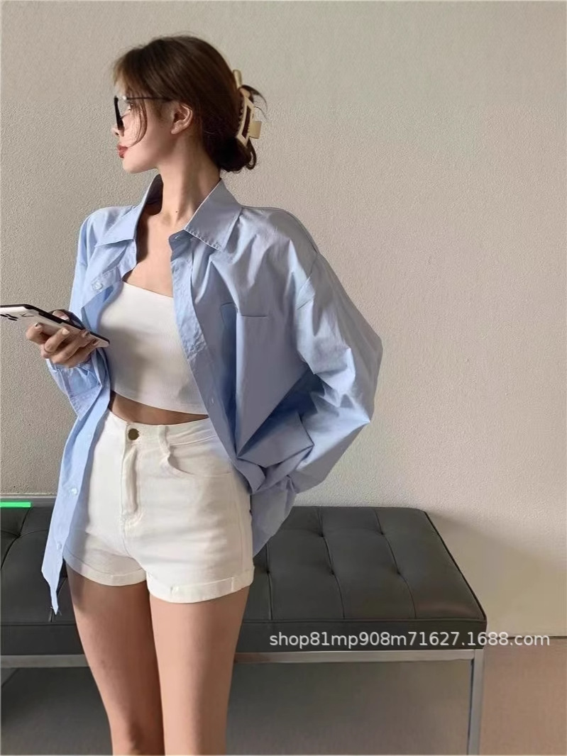 Early Spring Sunscreen Shirt Women's Spring and Summer 2025 New Blue Shirt for Small Men with Stacked White Top for Summer