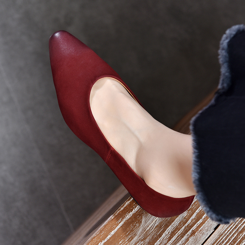 [Event Price 128] Pointed Toe Low Heel Flats Genuine Leather Women's Shoes First Layer Cowhide Shallow Mouth Red Flats for Women