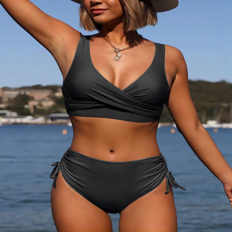 Picture of Swimsuit Split Bikini Solid Color Cross Strap Amazon High Waist Swimsuit European and American Foreign Trade Sexy Bikini