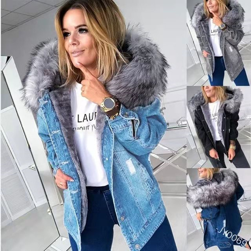 2024 Autumn and Winter Denim Jacket Plus Velvet Denim Jacket European and American Retro Large Fur Collar Temperament Commuting Warm Ripped Coat
