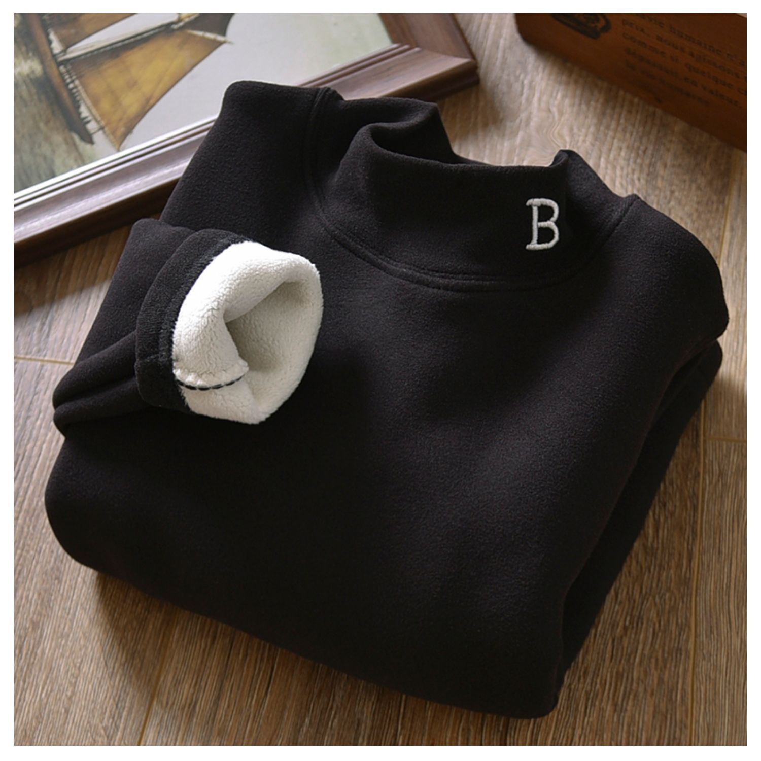 Picture of Boy's velvet autumn and winter half turtleneck warm clothes winter fleece-lined thickened medium and large children's solid color bottoming shirt boy