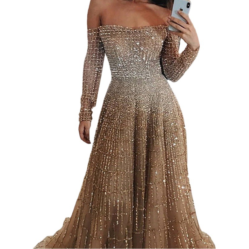 Sc2031 Internet Celebrity New Amazon Long 2025 Autumn and Winter Shiny One-Shoulder Long-Sleeved Tube Top Dress