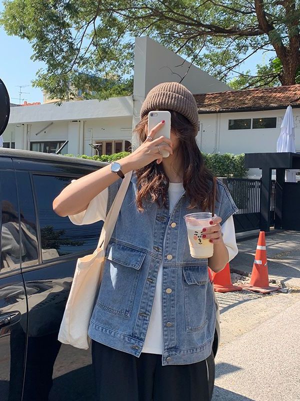 Picture of Autumn and Winter K-Style 2025 Workwear Vest with Denim Vest Jacket for Women Trendyy Outer Wear Sleeveless Waistoutwear Cardigan