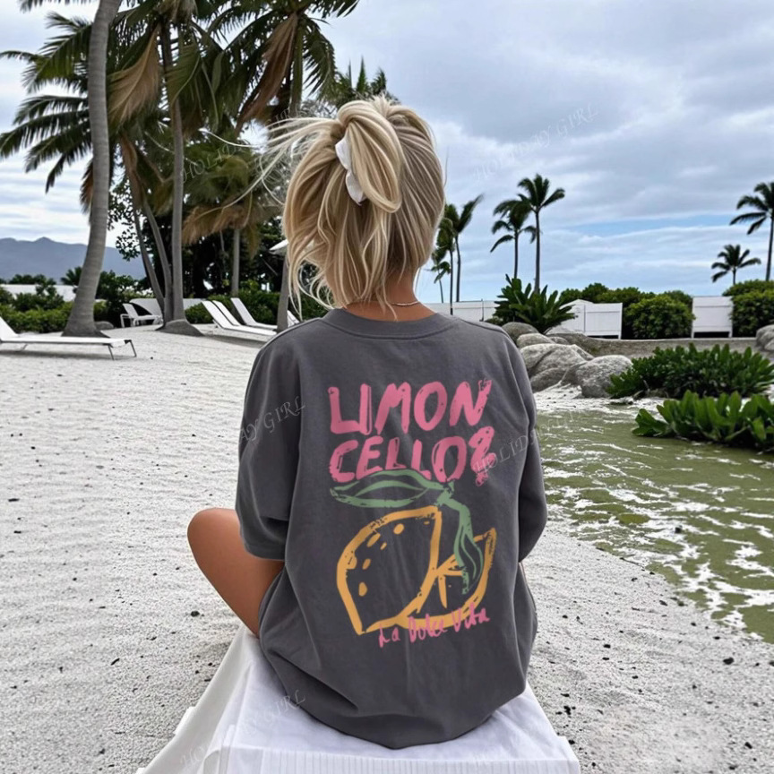 Women's summer letter lemon print pattern crew neck T-shirt cotton fashion versatile top foreign trade shein new style