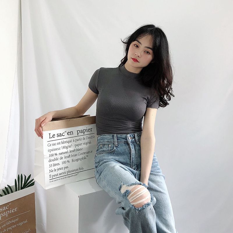 Picture of European and American style hot girl fashion tight turtleneck short sleeve bottoming shirt Women's inner wear slim high waist short T-shirt top