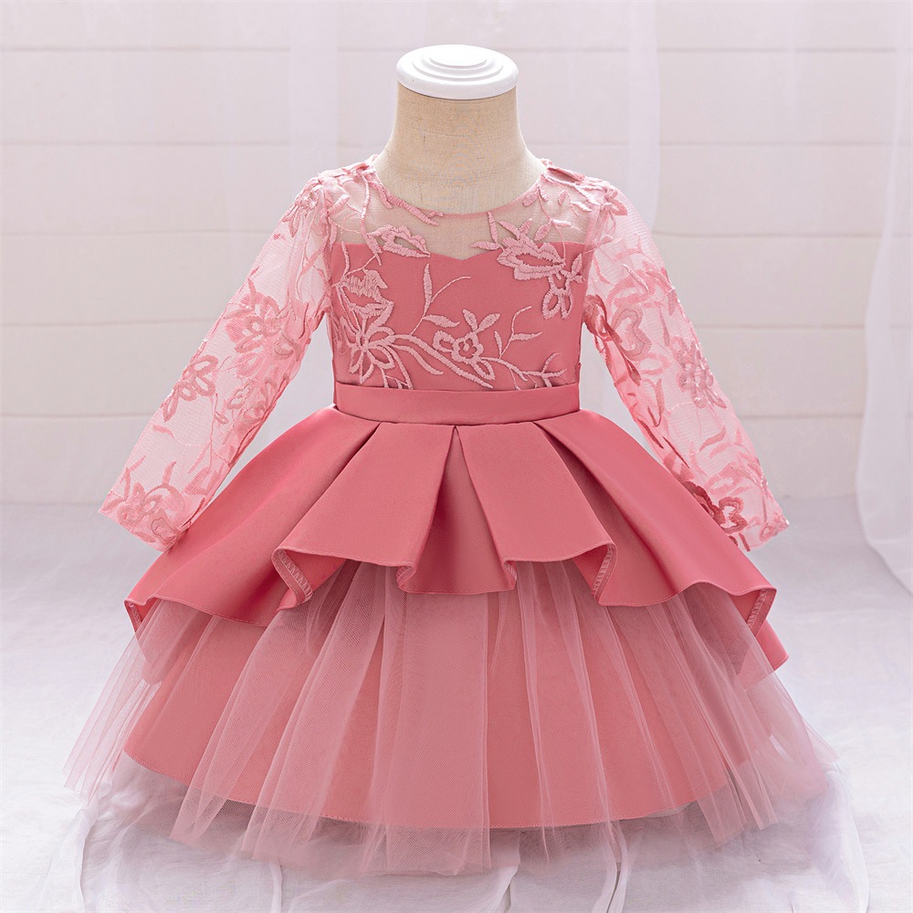 2025 New Kidsren's Dress Princess Dress Lace Long-Sleeved Performance Dress Flower Girl Dress Mesh Baby One-Year-Old Dress