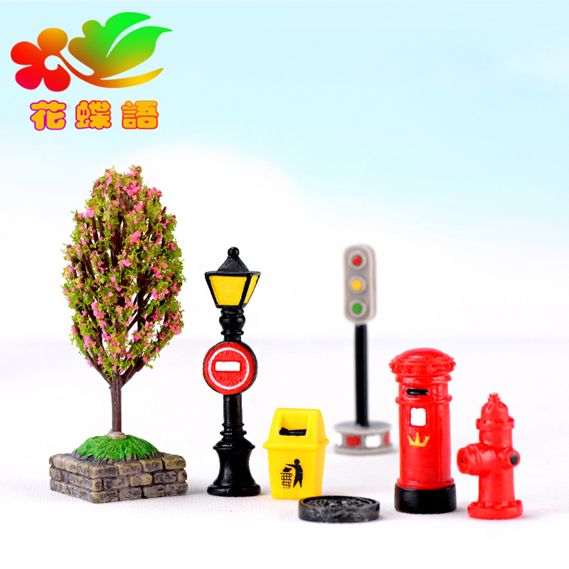 Picture of Indicating street sign street lamp mailbox fire hydrant trash can flower bed road cone Street View crafts resin gift ornaments