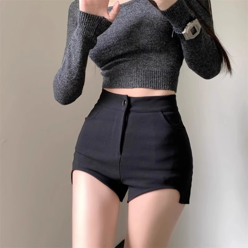 American Hot Spice Girl High Waist Black Stretch Casual Shorts Women's Summer Tight-Fit Small Irregular Ultra-Short Straight-Leg Pants