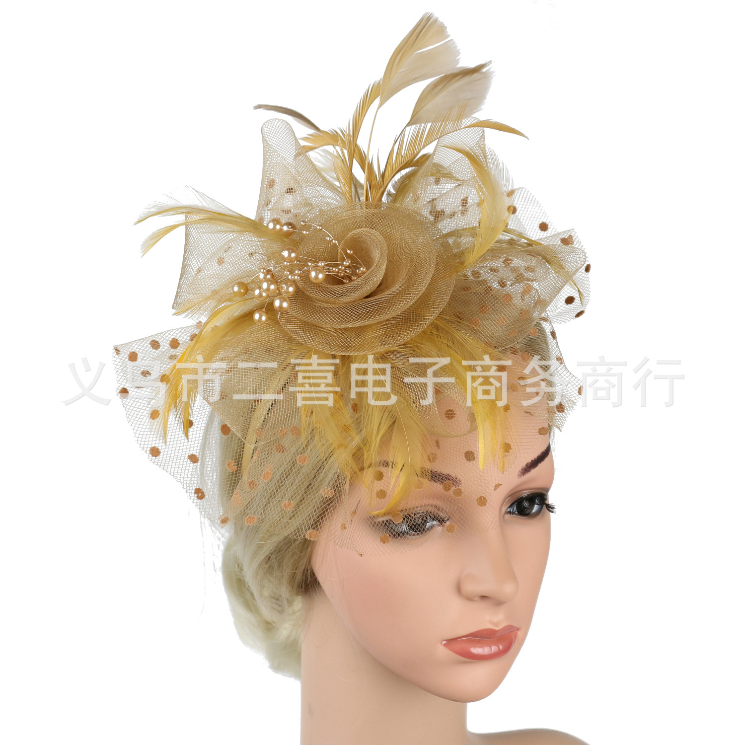 Picture of European and American Popular Amazon Feather Headdress Bridal Hair Accessories Mesh Top Hat Jockey Club Hair Accessories Hairpin Headband
