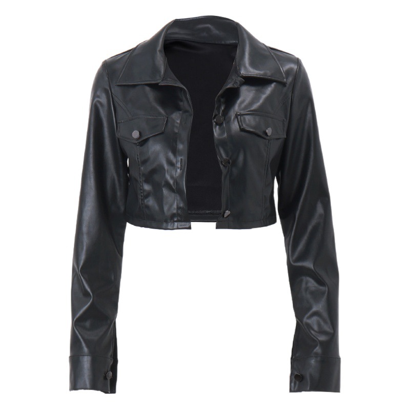 Foreign Trade Women's Clothing 2023 Winter Popular Maillard Style Personalized Lapel Buttoned Navel-Baring Pu Leather Jacket