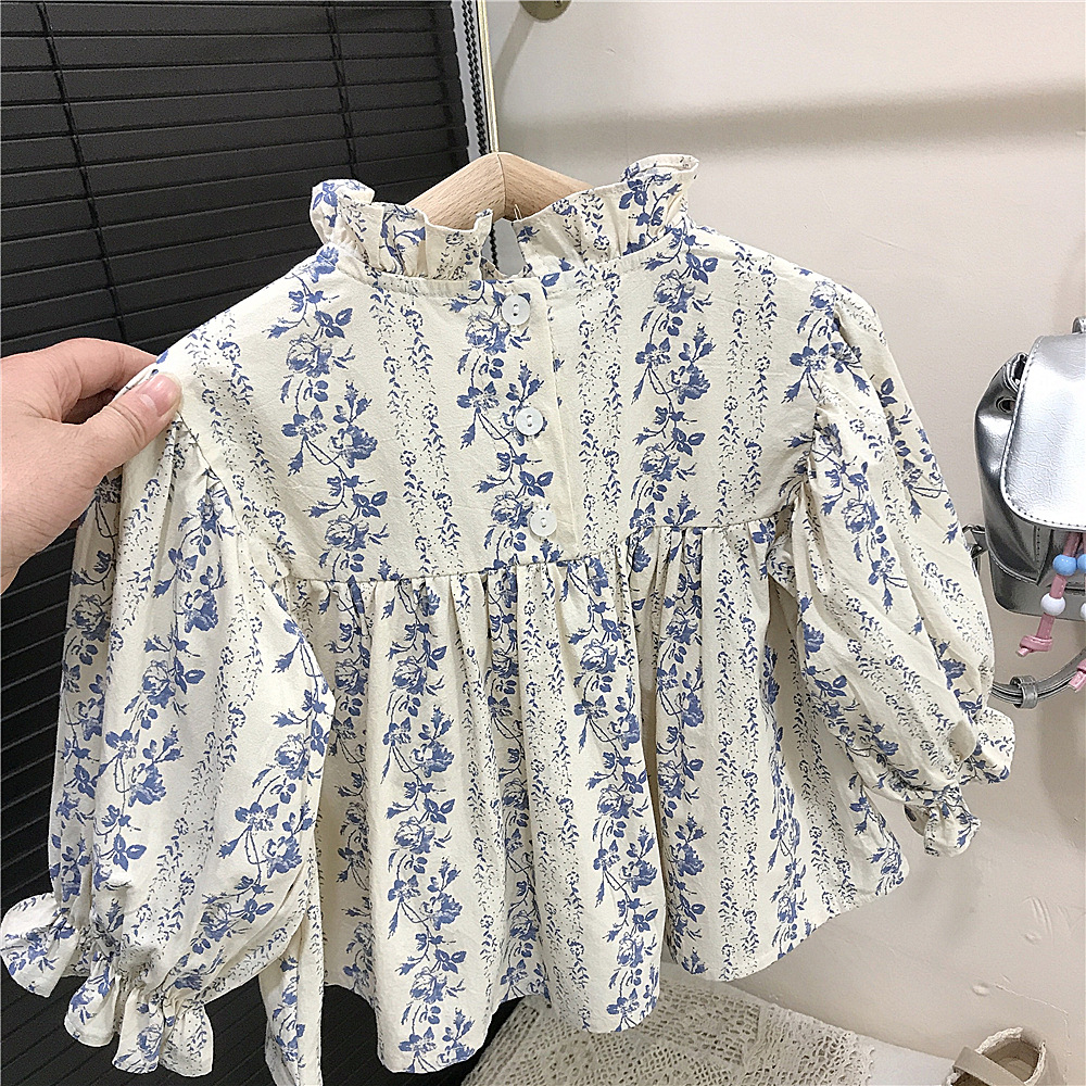 Picture of South Korea Children's Wear Girls' Floral Shirt Top New Children's Denim Flared Pants Baby Girl Shirt Spring and Autumn