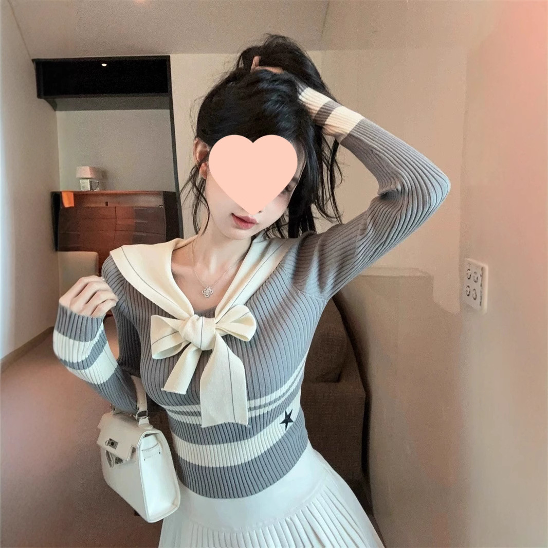 Striped Navy Collar Ribbon Long-sleeved Sweater Women's 2024 Autumn New Slim-fit Slimming Pullover Age-reducing Top Trendy